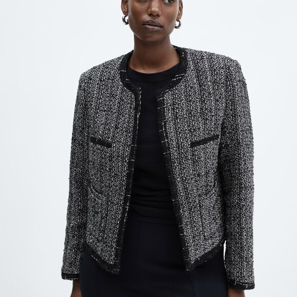 MANGO Sparkle Bead Trim Tweed Career Jacket Blazer PLUS SIZE 3X 4X Blk NEW $150 - Picture 9 of 13